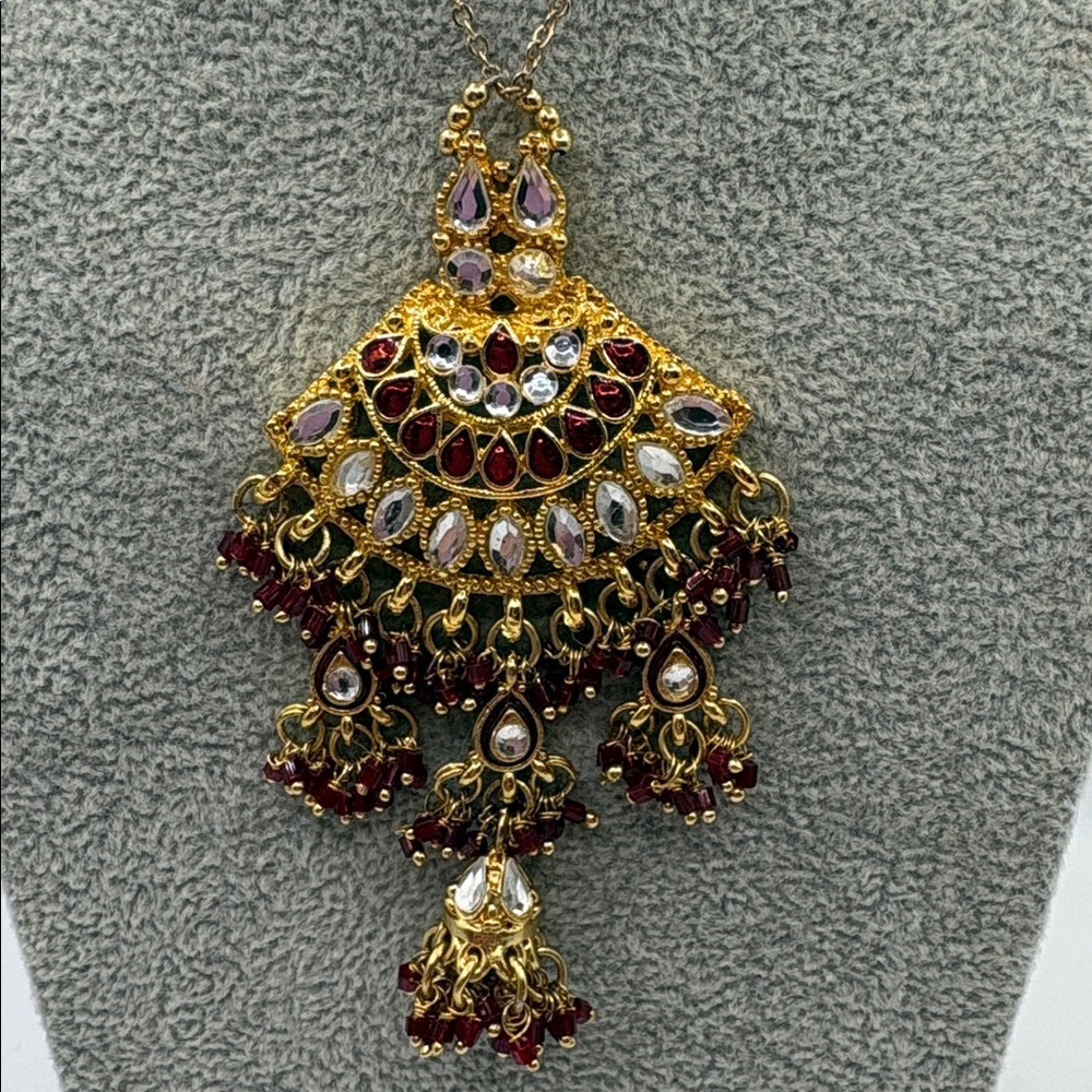 Elegant Gold Plated Indian Rhinestone Red Chandelier Necklace - Picture 1 of 5
